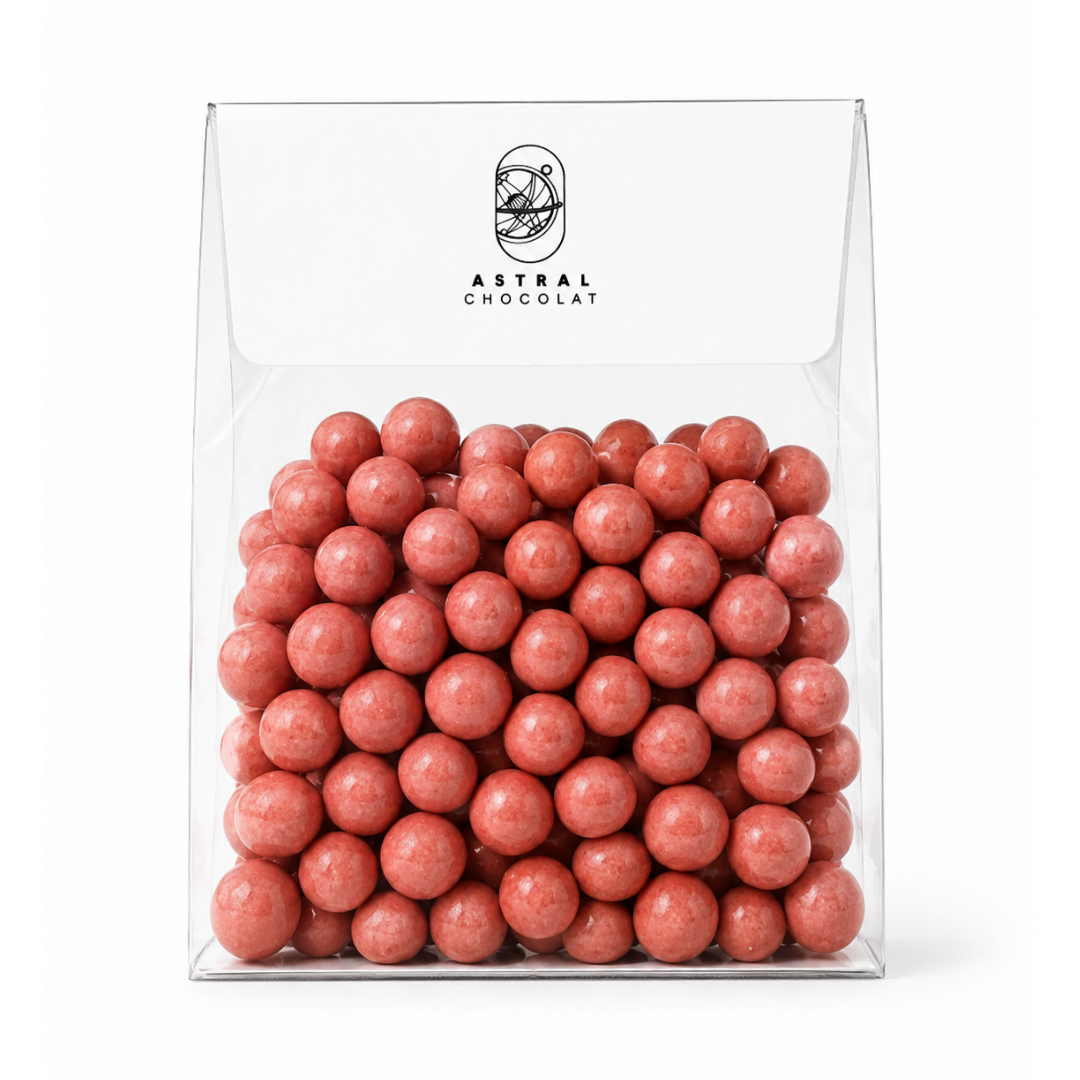 Mini billes soufflées enrobées de Chocolat Blanc Fraise