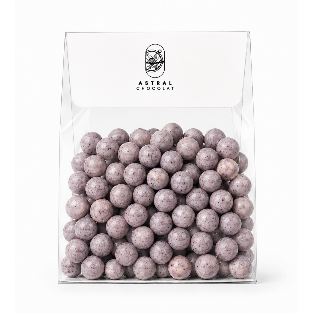 Mini billes soufflées enrobées de Chocolat Blanc Myrtille