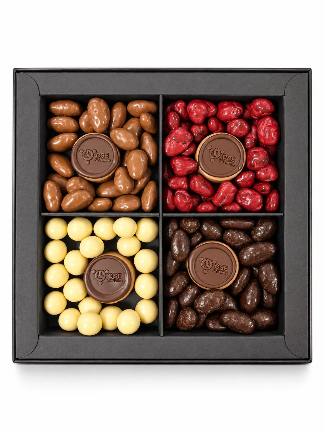 Coffret Astral à quatre cases de fruits enrobés, avec quatre bonbons pralinés au logo du CSE Worldline