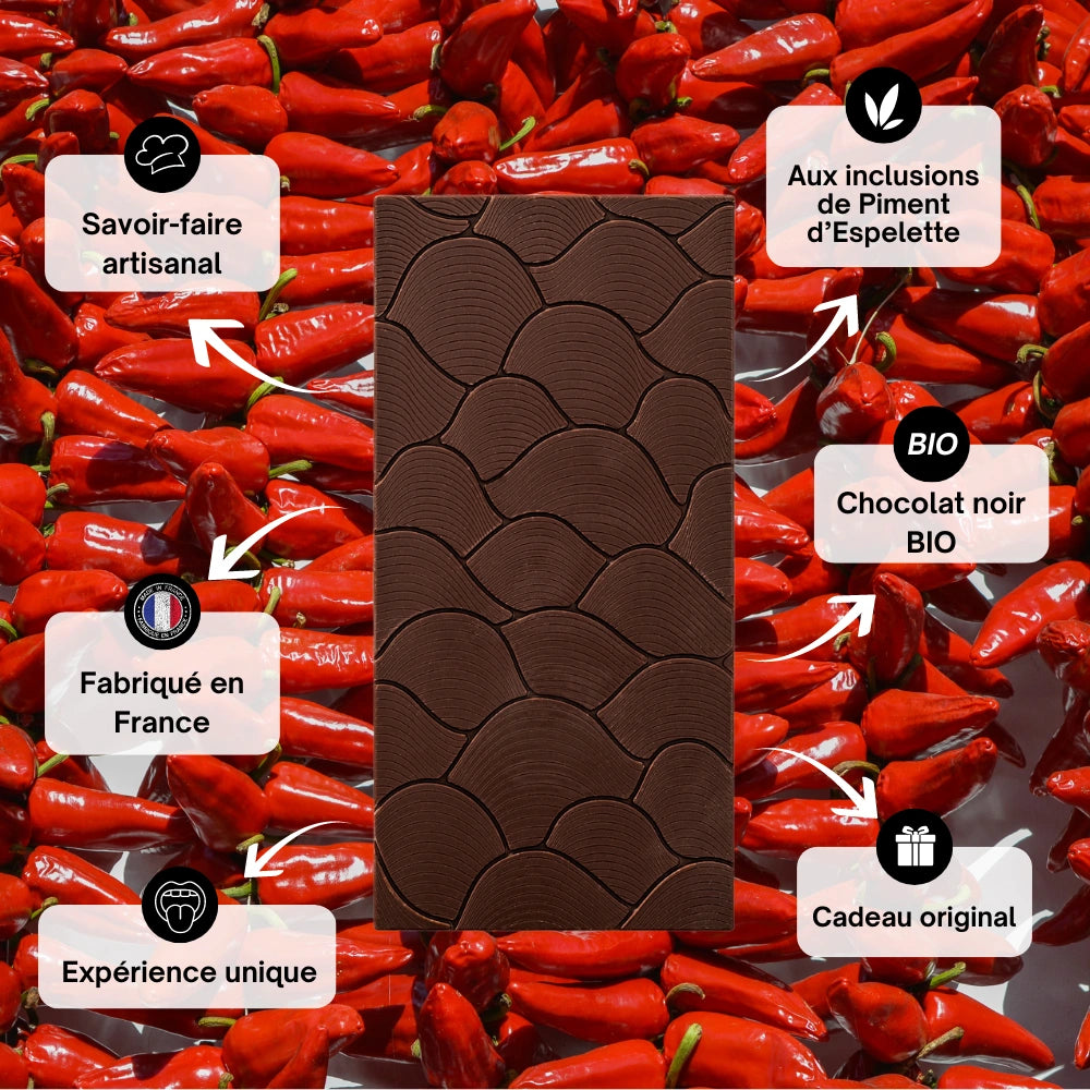 Chocolat noir 70%, piment d'espelette, épices, chocolat épices, chocolat aphrodisiaque, chocolat à offrir, astral chocolat