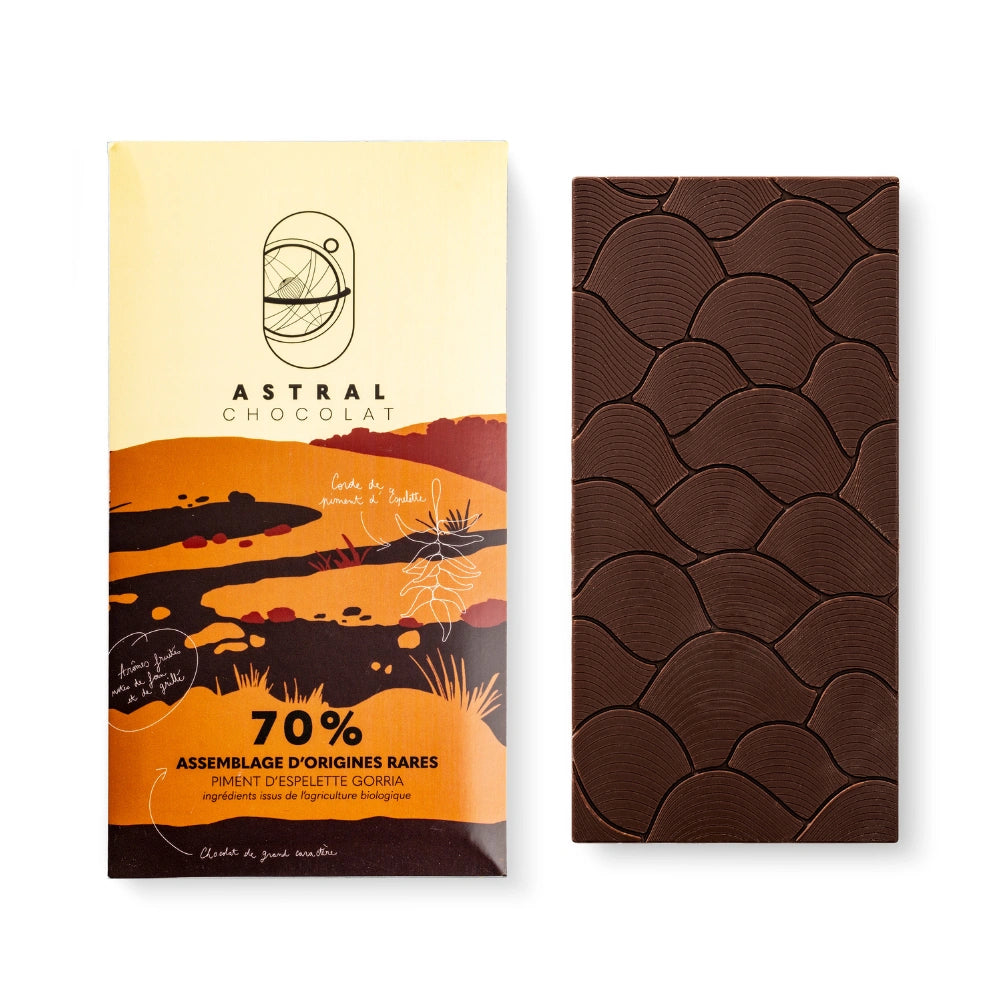 Chocolat noir 70%, piment d'espelette, épices, chocolat épices, chocolat aphrodisiaque, chocolat à offrir, astral chocolat