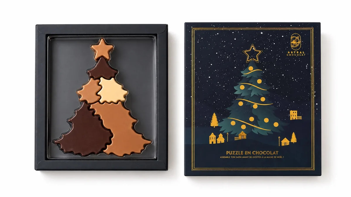 Sapin de Noël en chocolat Astral en pièces à assembler, à côté de sa boîte bleu nuit
