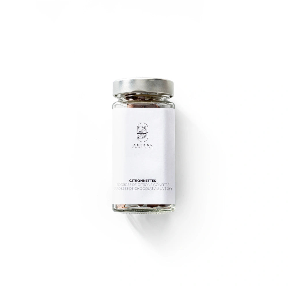 Citronnettes, Enrobées de chocolat au lait 36%, Lamelles de citrons confites, enrobées de chocolat lait d’origine 36%