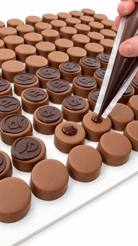 Bonbons pralinés Astral avec le logo JD Sports moulé en relief, pendant la décoration à l’atelier