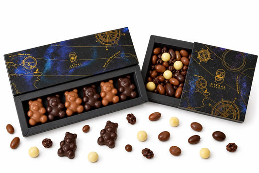 Duo de coffrets Astral : six oursons guimauve et un carré de fruits secs enrobés de chocolat