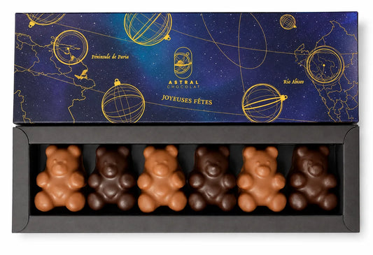 Coffret Astral de six oursons guimauve enrobés de chocolat au lait et noir