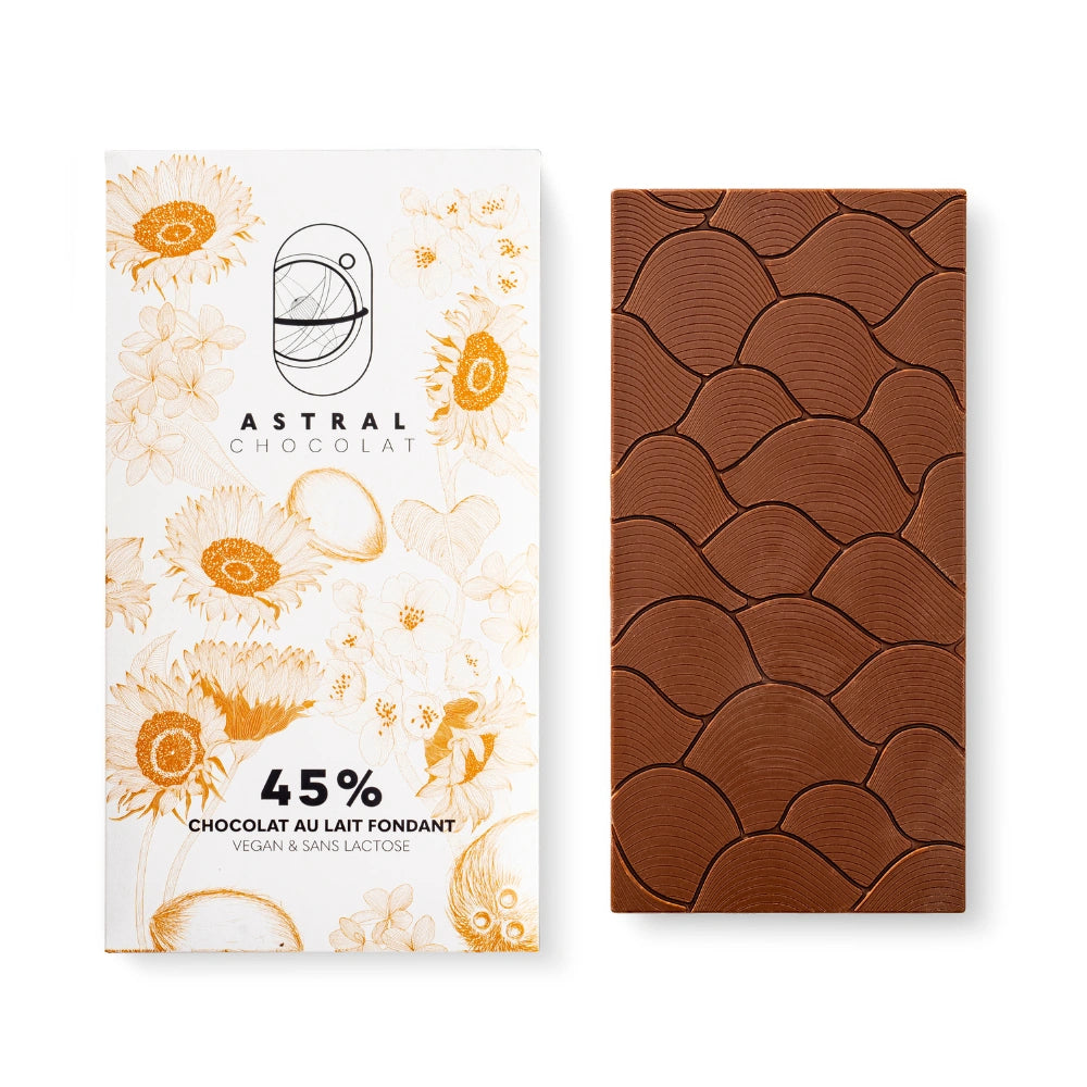 chocolat santé, vegan, chocolat vegan bienfaits du chocolat sur la santé, chocolat au lait vegan, chocolat au lait 45%